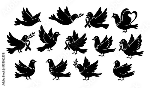 A set of black silhouette dove icons with olive branches and hearts