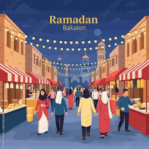 Vibrant Ramadan market scene with diverse people walking under festive evening lights near mosques