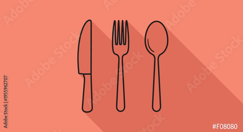 Flat vector illustration shows a knife, a fork and spoon on a table.