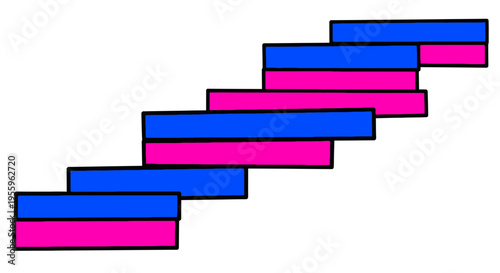 A graphic illustration of alternating blue and pink chunky blocks in a staggered pattern