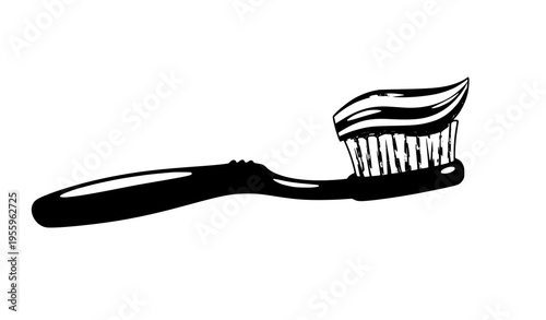 A black and white illustration of a toothbrush with toothpaste