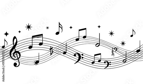 A vector graphic illustration of musical notes and stars on a staff