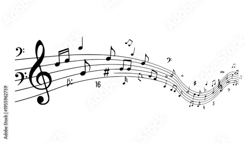 A vector graphic illustration of a musical staff with notes and symbols