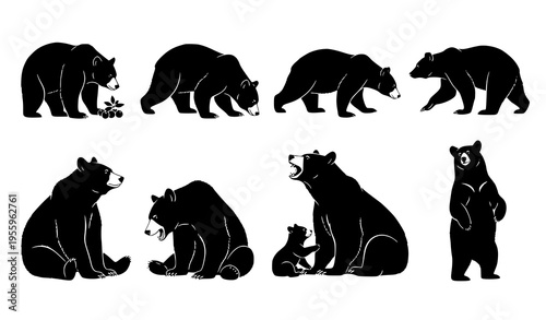 A set of black bear silhouettes in various poses and designs