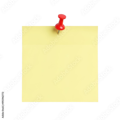A yellow sticky note with a red push pin isolated on transparent background