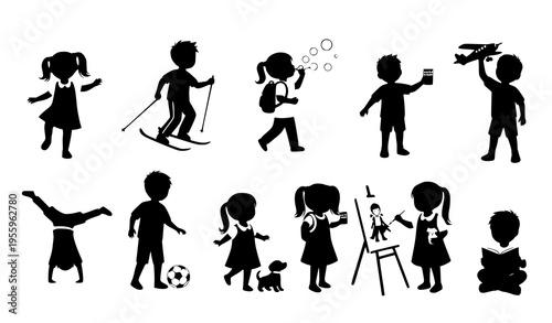 A set of black silhouette illustrations of children playing and engaging in various activities