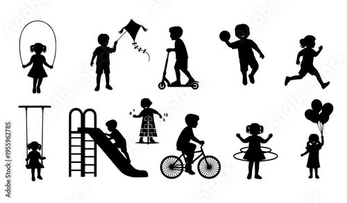 A set of black silhouette illustrations of children playing outdoors