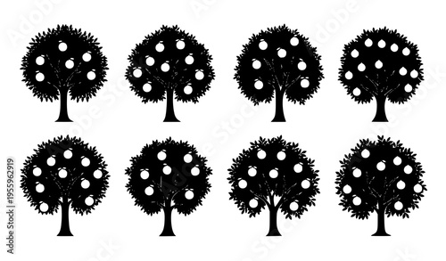 A set of black silhouette trees with white apples on a plain background