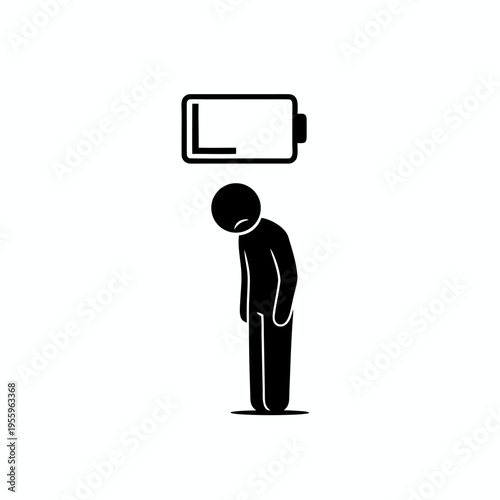 Minimalist stick figure person with low battery icon above head representing burnout and exhaustion concept