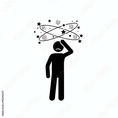 Dizzy stick figure person holding head with swirling stars and spirals representing headache or confusion