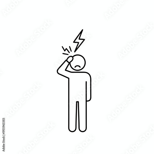 Outlined stickman figure with a lightning bolt over the head depicting a sudden stabbing migraine or neuralgic pain