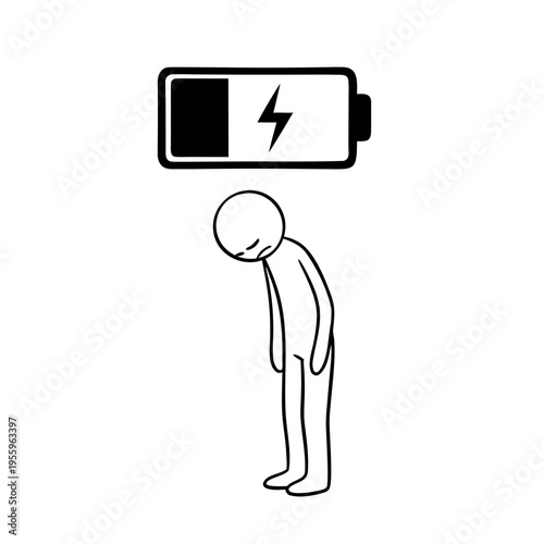 Exhausted person character with low battery icon above head representing burnout and mental fatigue concept