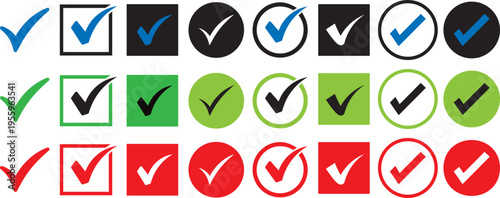 Vector check mark icon. Set of verification icons, digital confirmation and error symbols, green tick and red cross collection, minimalist vector illustration of tick and X marks.
