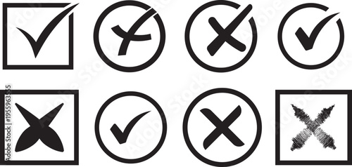 Vector check mark icon. Set of verification icons, digital confirmation and error symbols, green tick and red cross collection, minimalist vector illustration of tick and X marks.
