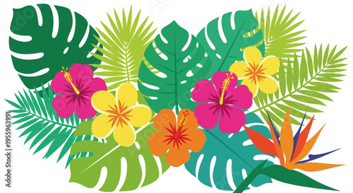 Tropical colorful flowers and leaves arrangement.