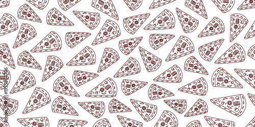 Pizza slice doodle seamless pattern. Pizza doodle pattern background. Seamless pizza outline pattern background. Hand drawn vector seamless pattern of pizza slice doodle.