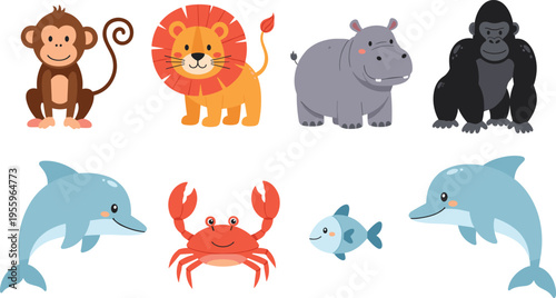 Cartoon animal illustration set featuring monkey, lion, hippopotamus, gorilla, dolphins, crab, fish, creative wildlife artwork, children’s educational design.