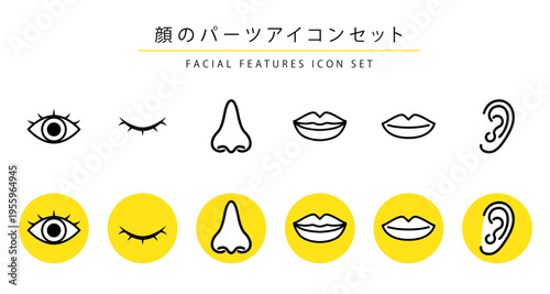 モノクロ線画と黄色丸背景で見せる顔パーツアイコンセット 目・鼻・口・耳の検診案内や医療説明向けベクター素材