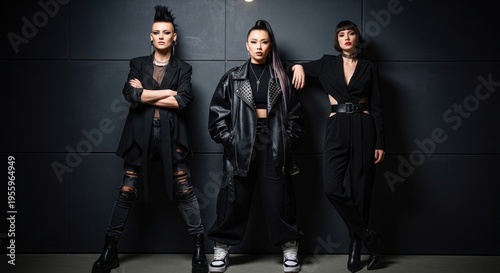 Three women in black outfits pose against a dark wall with confidence