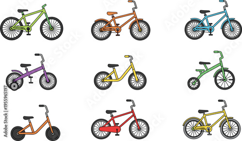 Cartoon bicycle and tricycle illustration set featuring mountain bike, BMX, balance bike, training wheels, children’s cycling design, colorful artwork collection.