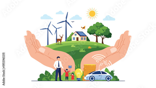 Large hands supporting a sustainable ecosystem with wind energy, solar power, green landscape, and happy family life with smart technology.