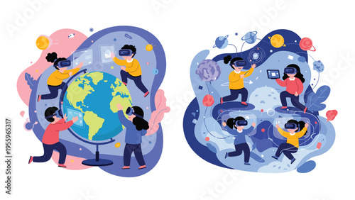 Children learning with virtual reality headsets to explore the world globe and outer space in an immersive and educational classroom setting.