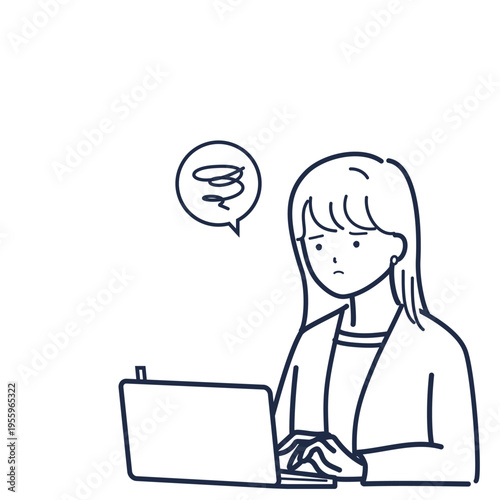 会議前にパソコンで準備する女性（こじらせ)（線画）