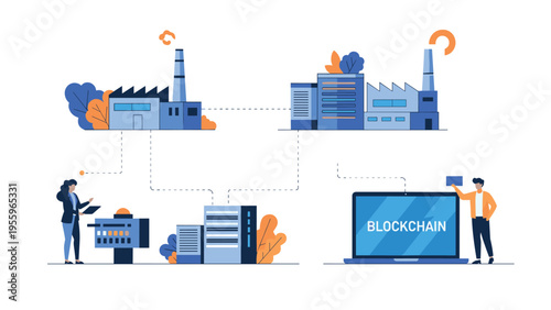 Professional managing an industrial supply chain using blockchain technology and digital data systems to connect factories and warehouses.