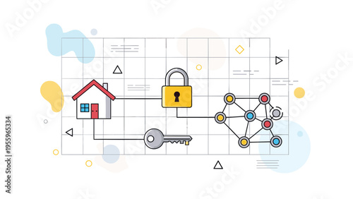 Infographic illustrating smart home security concepts with a house icon connected to locks, keys, and a digital network of secure nodes.