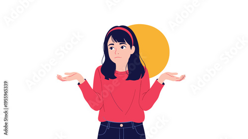 Young woman with a confused expression shrugging her shoulders against a simple circular background, symbolizing uncertainty or doubt.