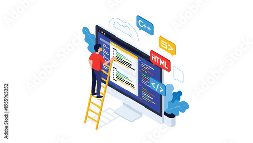 Web developer on a ladder working on a large computer screen with various coding languages like HTML, C plus plus, and CSS displayed clearly.