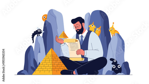 Professional archaeologist sitting among ancient rocks and small creatures while discovering and reading an Egyptian scroll near pyramids.
