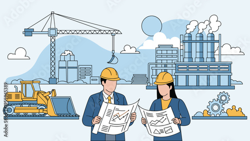 Professional architects and engineers in hard hats examining site blueprints in front of a heavy industrial construction area with cranes and factories.