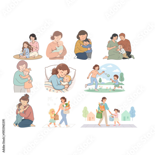 Heartwarming scenes of mothers nurturing and playing with their kids in various settings