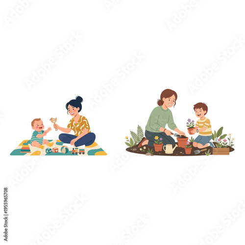 Engaging childhood journey loving parent's indoor playtime with baby and outdoor gardening lessons with child