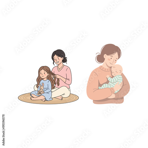 Tender moments of maternal love and family bonding, showcasing care for children