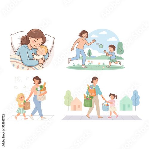 Mother and children enjoying everyday activities, demonstrating love and care
