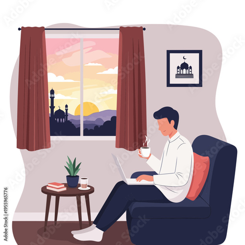 Man working on laptop with coffee in cozy room at sunset with Islamic view