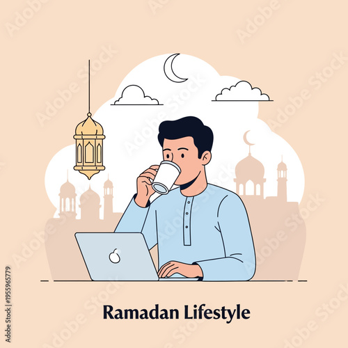 Man enjoying coffee while working on laptop during Ramadan lifestyle