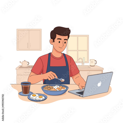 Young man enjoying a simple suhoor meal while working on his laptop in a bright kitchen