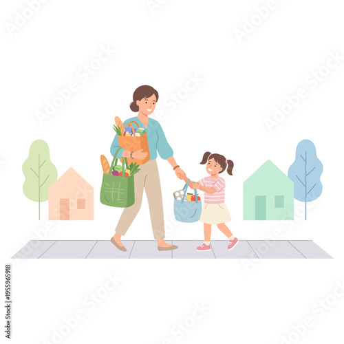 Happy mother and daughter walking home with groceries after shopping