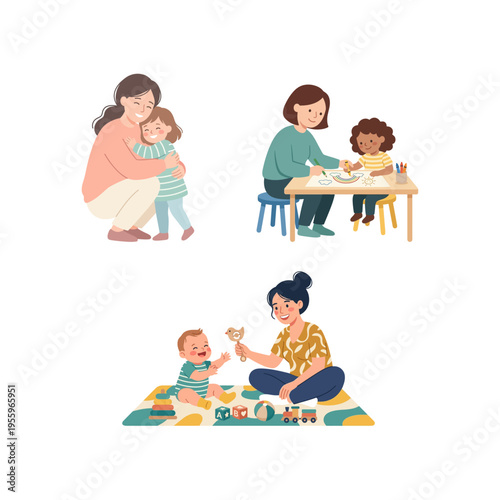 Quadro su tela Diverse illustrations depicting a mother's nurturing care for children through v