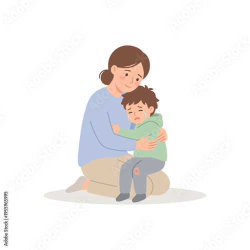 Tender moment of a loving mother gently comforting her distressed child after a little tumble, offering solace and support