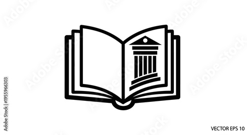 Open book icon with classical building symbol, representing education, law, history, knowledge, and academic institutions.