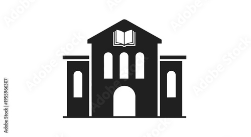 Black vector icon of a school building with an open book, symbolizing education, knowledge, learning, university, and academic institutions.
