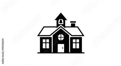 Simple black and white icon of a classic school building with a bell tower and chimney, symbolizing education, knowledge, and learning.