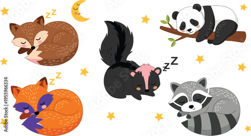Cartoon sleeping animal illustration set featuring fox, skunk, raccoon, panda, stars, moon, bedtime theme, cute children’s creative artwork design.