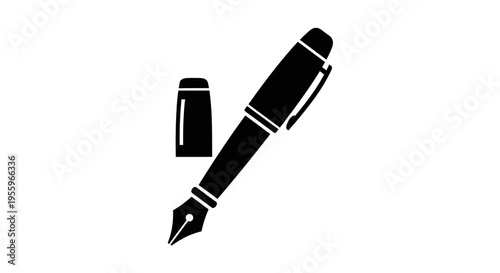 Elegant black silhouette icon of a classic fountain pen with open cap, symbolizing writing, education, art, and creativity