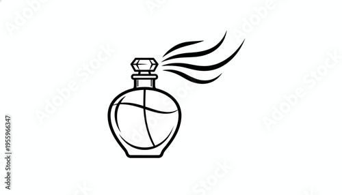 Perfume bottle with scent waves, minimalist icon, isolated on white background.