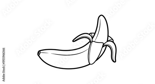 Black and white line art illustration of a partially peeled banana, a healthy tropical fruit snack